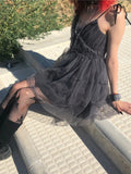 Yipinpay Dark Gothic Mesh Dress Women Fairy Grunge Vintage Punk Strapless High Waist Dresses Harajuku Mall Goth Emo Alt Partywear