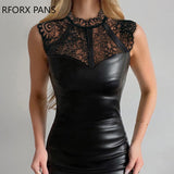 Yipinpay Women Pu Leather Lace Patchwork Sleeveless Bodycon Dress Zipper Party Sexy Black Dress