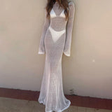 Yipinpay Women's Summer Long Knit See-through Beachwear Solid Color Flare Long Sleeve O Neck Hollow Backless Cover Up Dress