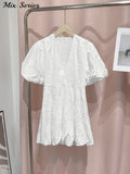 Yipinpay Fluffy Short Puff Sleeve Dress Women White High Waist V-neck Mini Dresses 2024 Summer New Ladies Elegant Vestidos