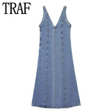 Yipinpay Blue Denim Dress Woman Sleeveless Long Dress Women Straps Midi Casual Dresses For Women Summer 2023 Holiday Dresses