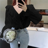 Yipinpay Sleeve Ruffled Chiffon Shirt Off The Shoulder One Slim Fit Crop Top Sexy Trumpet Sleeve Shirt Fungus Lace Up Blouse Retro
