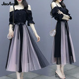 Yipinpay Women's Dress Suit 2024 Summer New Fashion Off-the-shoulder Mesh Midi Skirt Two Piece Korean Elegant Clothing Bow Dresses Set