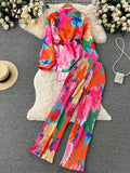 Yipinpay Female Fashion Print Two Pieces Suits Bow Bandage Long Sleeve Tops+Casual Wide Leg Pants Streetwear Autumn Retro Sets