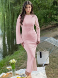Yipinpay Solid High Waist Fashion Maxi Dress For Women Long Sleeve Patchwork Slim Elegant Party Dress Autumn 2024 Female Long Dress