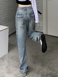 yipinpay Jeans Star Patchwork Pant Women Straight Leg Denim Pants Pocket Low Rise Vintage Casual Streetwear Baggy Jean 90s