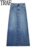 Yipinpay Blue Denim Skirt Woman Jean Long Skirts For Women Fashion 2023 Faded High Waist Pencil Skirt Frayed Midi Skirt With Slit