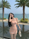Yipinpay Mesh Spliced Folded Suspended Dresses for Women Spring/Summer Sexy Hip Wrap Slim Fit Sleeveless Spicy Girl Short Dress