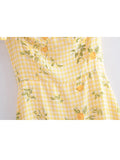 Yipinpay 2024 Women Plaid Lemon Print Yellow Sling Short Dress Vintage Ladies Summer A-line Chiffon Dress French Style Vestido