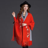 Yipinpay Winter Can Wear Shawl Scarf Dual-use Embroidery With Sleeves Wool Cashmere Thick Tassel Cloak Female