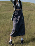 Yipinpay Vintage 90s Cargo Skirt Long Women Autumn Casual High Waist Detachable Patchwork A-line Midi Dress Korean Streetwear