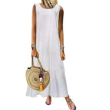 Yipinpay Linen Sleeveless Dress for Women Summer Pullover Skirt Vestidos Fashion Female Clothing Short Sleeved Loose Long Dress