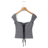 Yipinpay Y2K Women Lace Up Bandage Back Gray Crop Top Short Sleeve Square Neck Ladies Sexy Chic Tops