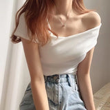 Yipinpay Slash Neck Tee Black Irregular Short Sleeved T Shirt Oversize Tops Solid Wild Sexy Clothes Women T Shirt White Blouse