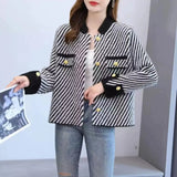 Yipinpay Mink Fleece Small Fragrant Cardigan Women Autumn/Winter Stripe Top Loose and Versatile Foreign Short Coat Female