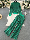 Yipinpay American Retro Sweater Suits Zipper Polo Collar Loose Pullover+Wide Legs Long Pants Winter Thick Geometric Women Sets