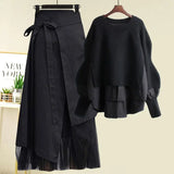 Yipinpay Women's Spring Autumn New Fashion Fake Two Piece Knit Sweater+Strap A-line Skirt Suit Korean Elegant Pullover Dress Matching Set