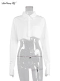 Yipinpay Streetwear White Cropped Blouse Women Long Sleeve Cotton Shirt Turn Down Collar Spring Casual Tops Button Irregular