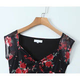 Yipinpay Summer 2024 Women Floral Print Mesh Dress Short Sleeve V Neck Female Bodycon Sexy Vintage Dresses