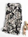 Yipinpay New Women Leaves Print Linen Midi Skirt Vintage High Waist Sexy Slit Summer Ladies Skirts