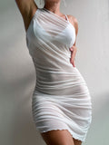 Yipinpay Women Maxi Dress Beachwear One Shoulder Mesh Swimwear Cover Ups Travel Outfit Sundress Sexy Short Beach Dress Bodycon
