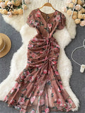 Yipinpay French Retro Long Dress Short Ruffles Sleeves V Neck Floral Print Drawstring Split Zipper Women Slim Bodycon Dress