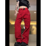 yipinpay Vintage Red Cargo Pants Fashion Many Pocket Straight Mopping Pants High Street Y2K Baggy Wide Leg Trouser Ladies Spring