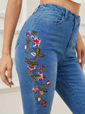 Yipinpay Winter New High Waist Embroidered Jeans for Women Fashionable Stretch Slim Ankle-Length Denim Pencil Pants S-XL