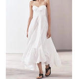 Yipinpay Sexy Elegant Women Spaghetti Strap Flounced Hem High Waist A-line White Dress Party Vestidos