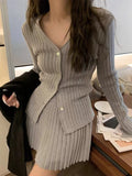 Yipinpay Two-piece Solid Skirt Sets Women V-neck Long Sleeves Knitted Cardigan + Mini Pleated Skirt Autumn Y2K Korean Chic Suit