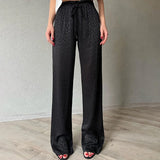 Yipinpay New Fashion Black Loose Pants Women Vintage Bandage High Waist Trousers Vintage treetwear Ice Silk Straight Pants Female