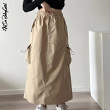 yipinpay Women's Cargo Skirt Pockets Split Long Skirts Y2k Streetwear 2000s Aesthetic Drawstring Aesthetic Skirts High Waist A Line Skirt