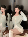Yipinpay Elegant Sweater Women Square Collar Autumn Winter Sweet Knitted Cardigan Solid Split Outwear Female Fashion Top