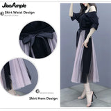 Yipinpay Women's Dress Suit 2024 Summer New Fashion Off-the-shoulder Mesh Midi Skirt Two Piece Korean Elegant Clothing Bow Dresses Set