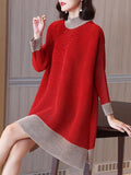 Yipinpay pleated contrast color half-high neck dress women loose split long-sleeved belly show fashionable high-end dress female
