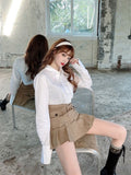 Yipinpay Pleated Micro Skirt Women Korean Fashion Casual Button Pocket Patchwork High Waist A-line Sexy Mini Skirt Streetwear