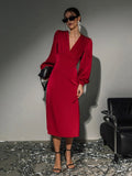 Yipinpay Party Elegant Women Red Dress Lantern Long Sleeve V-Neck Evening Midi Dress Ruched Sexy Ladies Satin Dresses 2023