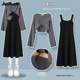 Yipinpay Women's Autumn Winter New Knitted Sweater Dress Matching Set Korean Elegant Short Pullover Strap Skirt Two Piece Female Clothing