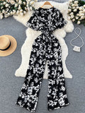 Yipinpay Beach Summer Floral Jumpsuits Fashion V Neck Elastic Slim Short Sleeve 2024 Streetwear Vacation Retro Long Rompers