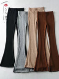 Yipinpay Solid Knitted High Waist Flare Pants For Women Ribbed Casual Leggings Female Stretchy Bodycon Trousers Fashion Streetwear