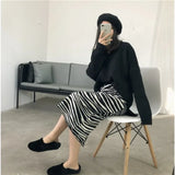 Yipinpay Autumn and Winter New Mid-length Zebra Knit Skirt Women's High Waist Thickened A-line One-step Skirt Bag Hip Skirt