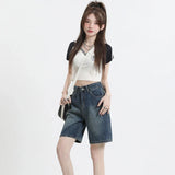 Yipinpay Waisted Denim Shorts Women Summer Korean Fashion Y2k Bottoms White Retro Blue Black Jeans Knee Length Female Jean Short