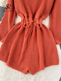 Yipinpay Korean Style Casual Bodysuits O Neck Long Sleeves Hollow Out Backless Drawstring Elastic Waist Women Shorts Jumpsuits