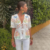 Yipinpay Flower Printing Puff Sleeve Shirts For Women Fashion Lace-up V-neck Short Blouse Female 2024 Summer Elegant Cropped Tops