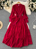 Yipinpay Autumn Retro Beach Pleated Dress Women Lantern Sleeve French Single Breasted 2024 Fashion Chiffon A Line Long Dress