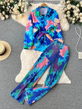 Yipinpay Female Fashion Print Two Pieces Suits Bow Bandage Long Sleeve Tops+Casual Wide Leg Pants Streetwear Autumn Retro Sets
