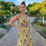 Yipinpay 2023 Print Halter Long Dress Women Summer Sexy Backless Dress Woman Knot Off Shoulder Midi Beach Holiday Party Dresses