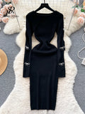 Yipinpay 2024 Autumn Knitted Chic Dress O Neck Hollow Out Long Sleeves Bows Decoration Solid Women Slim Fit Bodycon Party Dress