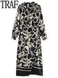 Yipinpay Vintage Print Long Dress Women Wrap Black Shirt Dress Woman Long Sleeve Elegant Dresses For Women 2023 Midi Party Dresses