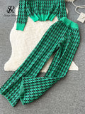 Yipinpay American Retro Sweater Suits Zipper Polo Collar Loose Pullover+Wide Legs Long Pants Winter Thick Geometric Women Sets